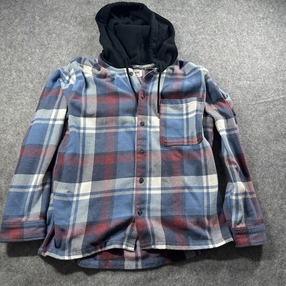Levi's Hooded Flannel Shirt Mens XL Blue Red Plaid Long Sleeve Button‎ Up Hood